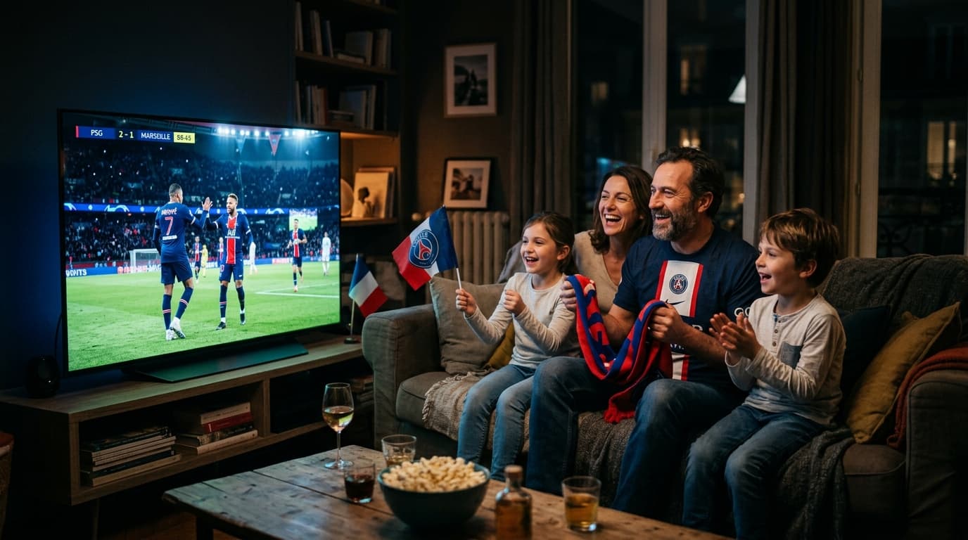 Famille regardant un match PSG en IPTV